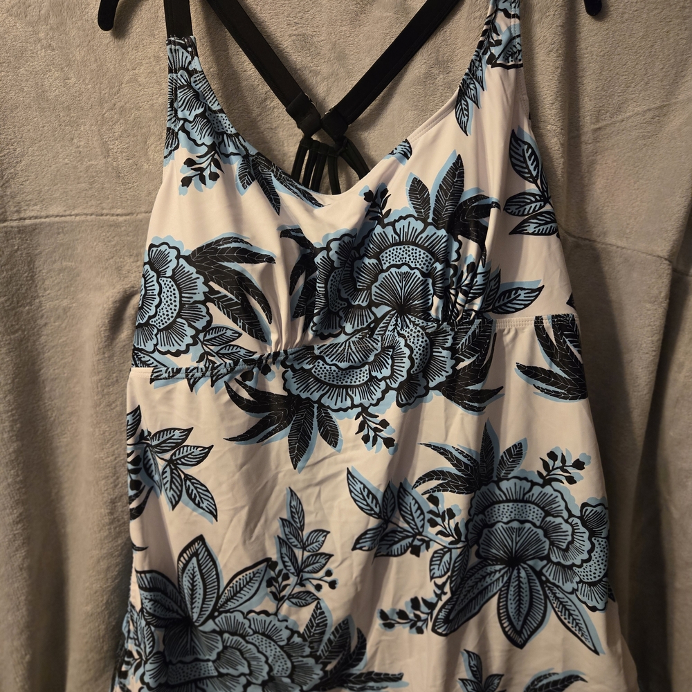 Floral Blue and Black Women's Swim Top